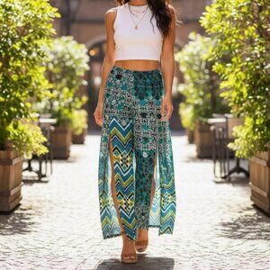 Coco Bianco Chic Green & Blue Geometric Floral Slit Wide-Leg Pants